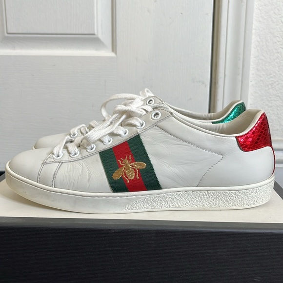 Gucci Ace Web Embroidered Bee Leather Sneakers size 37 Made in Italy Authentic - Picture 7 of 16
